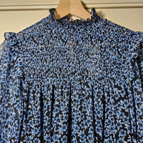 Mi Ami Francesca’s Black Blue Lucy Smocked Floral Ruffle Dress S NWT - Picture 2 of 14
